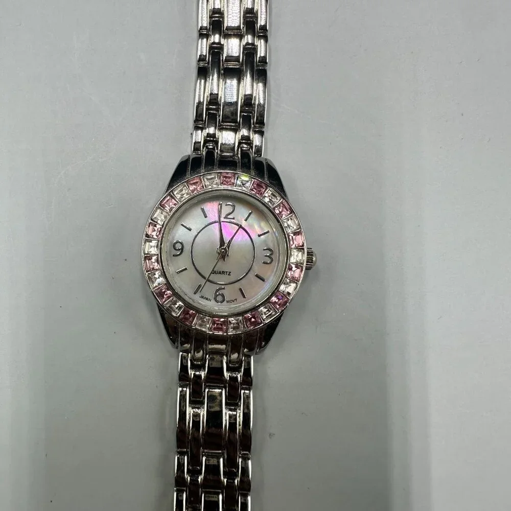 M. Z. Berger Watch Women Silver Tone Pink White Crystal Bezel New Battery